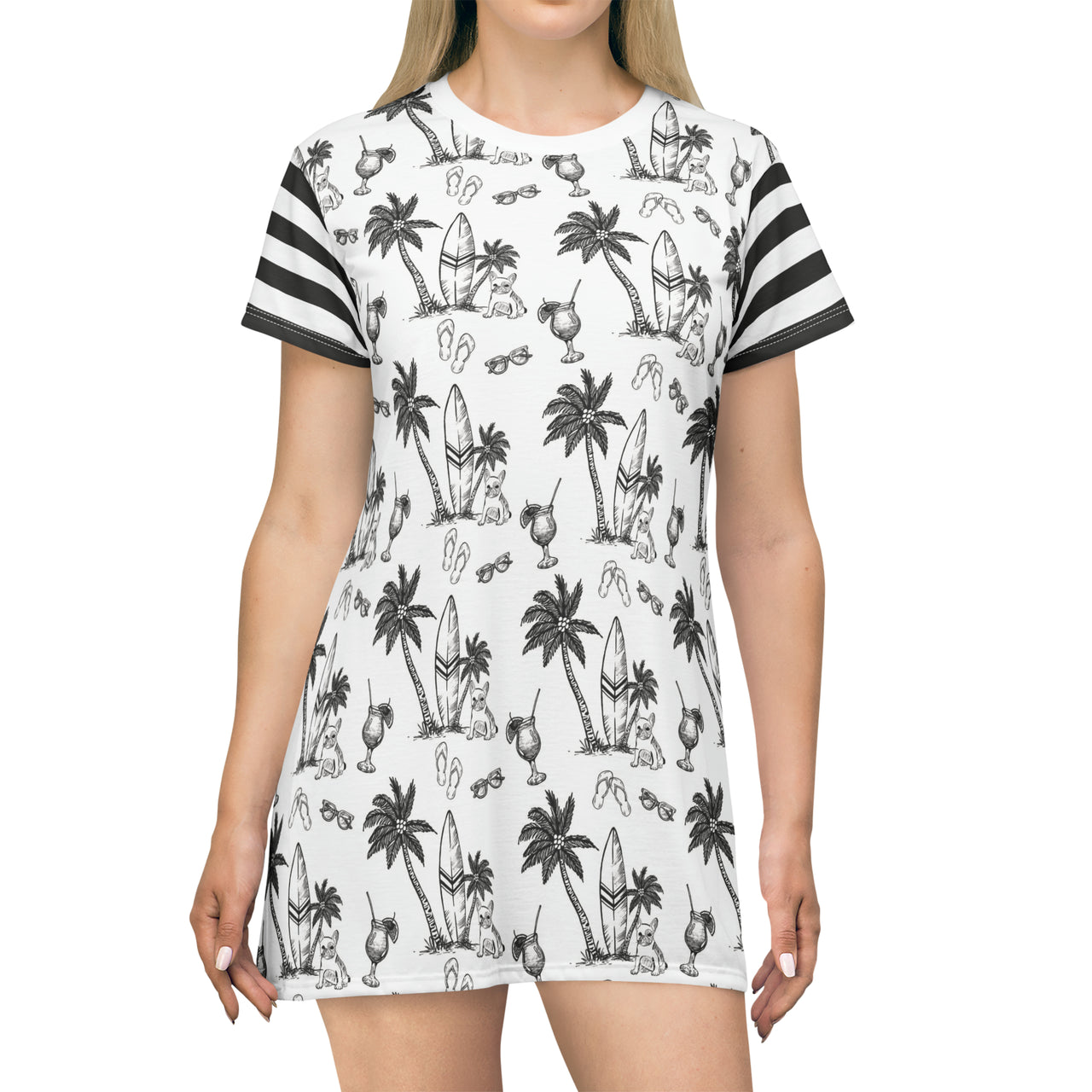 french bulldog beach theme black and white womens dress