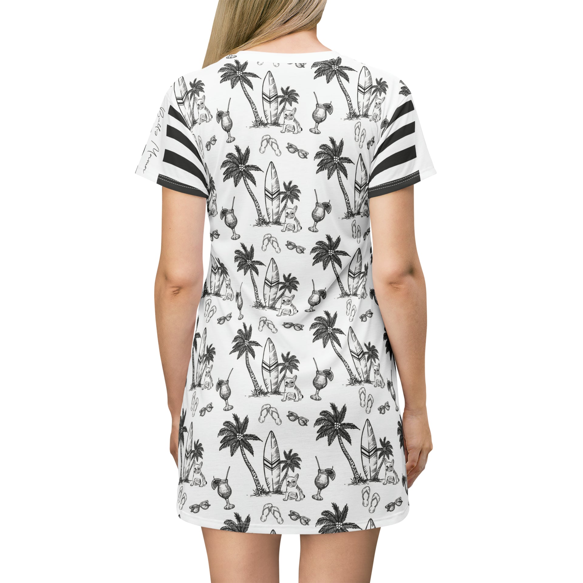 french bulldog beach theme black and white womens dress back view