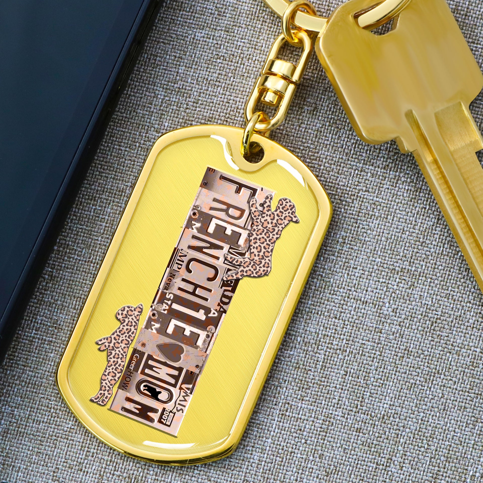 frenchie mom personalized gold colored dog tag keychain