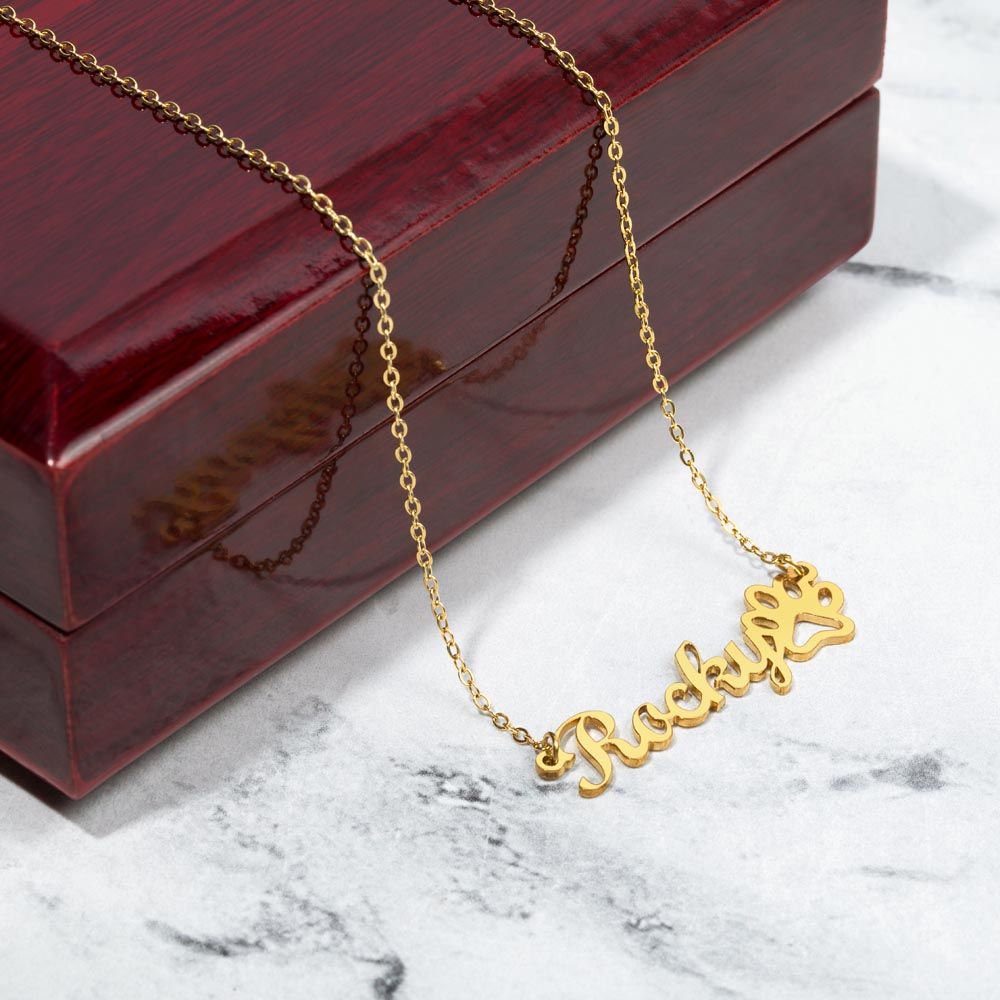 personalized paw print name necklace gold color and gift box