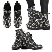 french bulldog and hearts black and white vegan leather boots