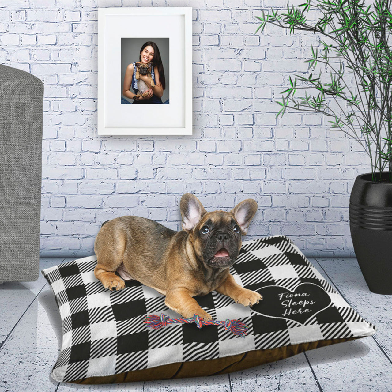 personalized dog bed black and white check and heart add name