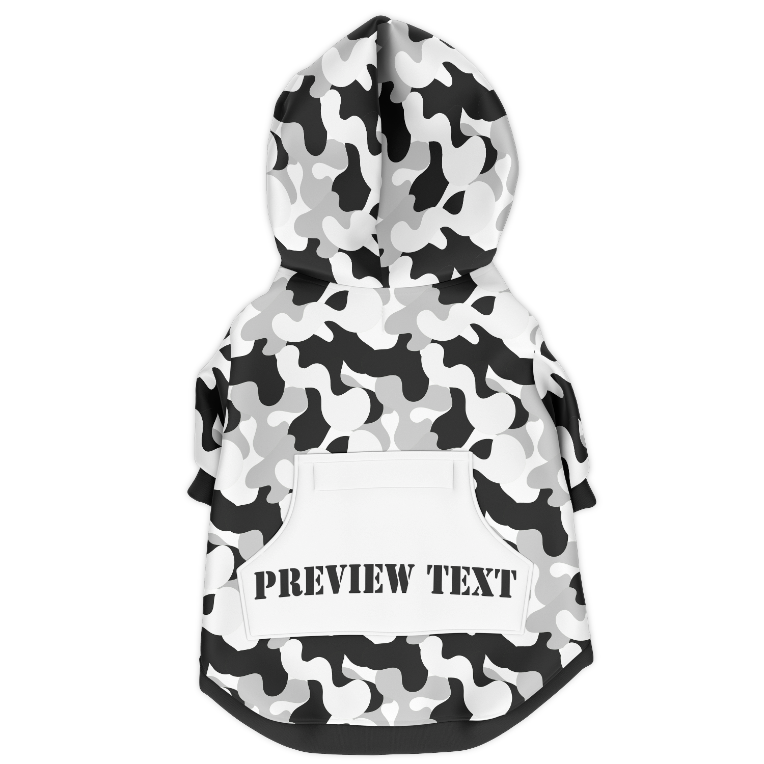 personalized black and white camo dog hoodie with zipper and pocket