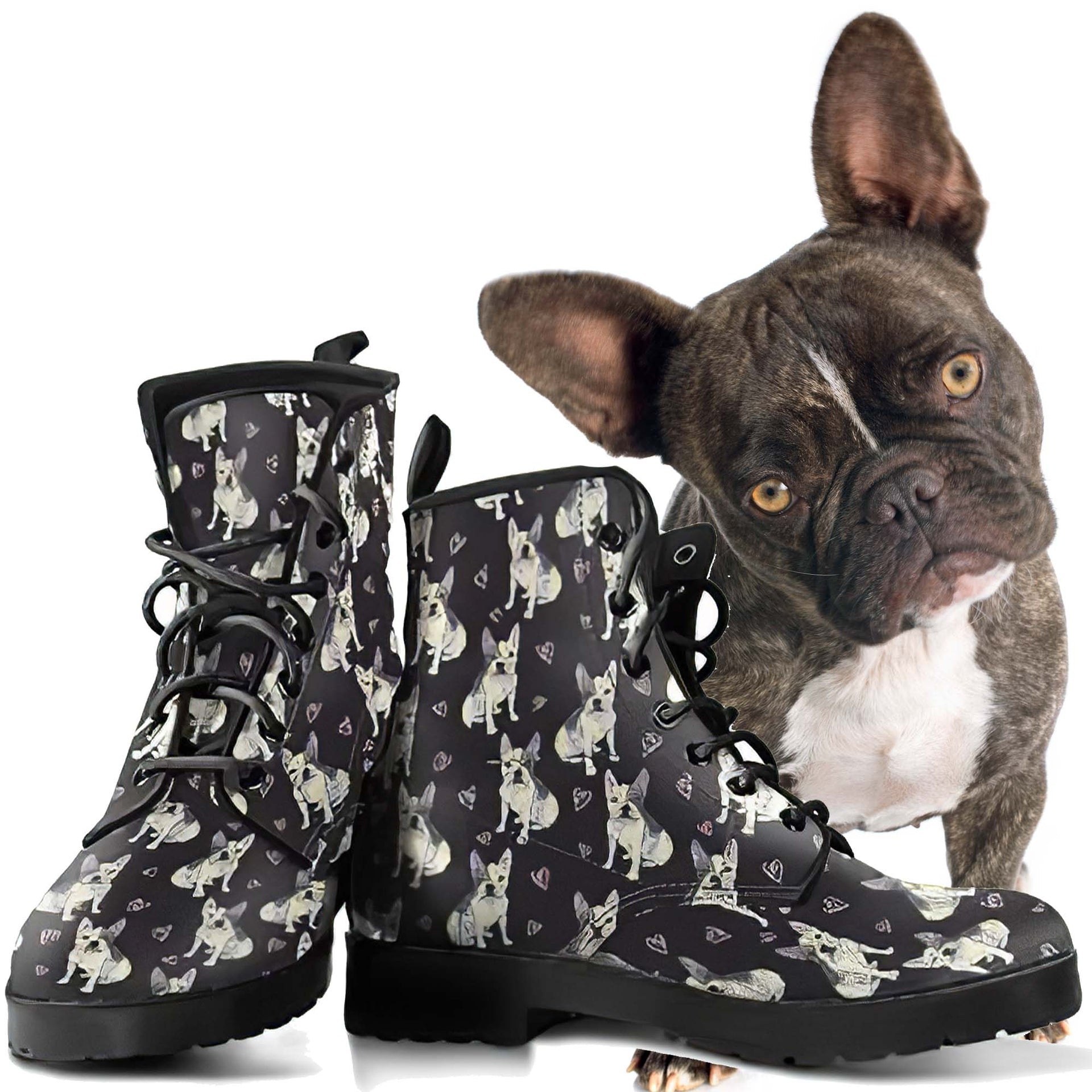 french bulldog and hearts black and white vegan leather boots