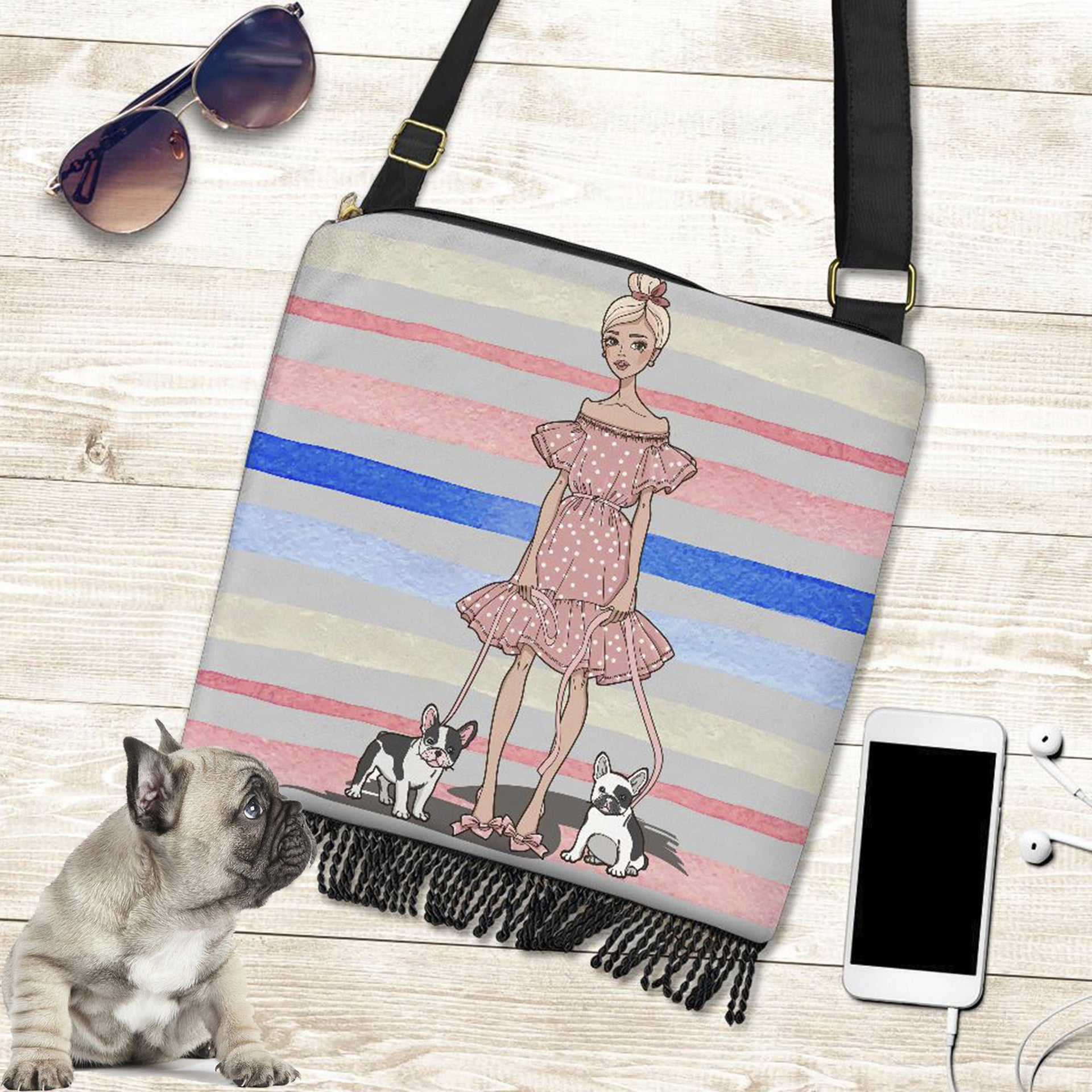 French Bulldog Striped Boho Crossbody Bag