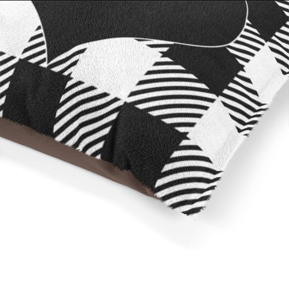 close up view dog bed buffalo check black and white plaid