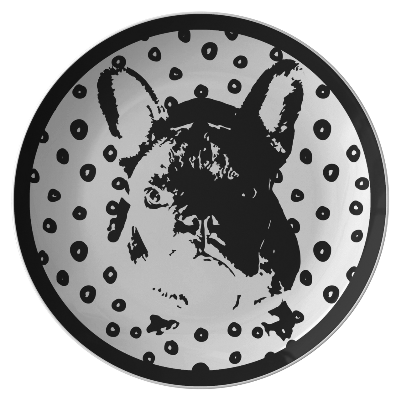 black and white french bulldog round plate