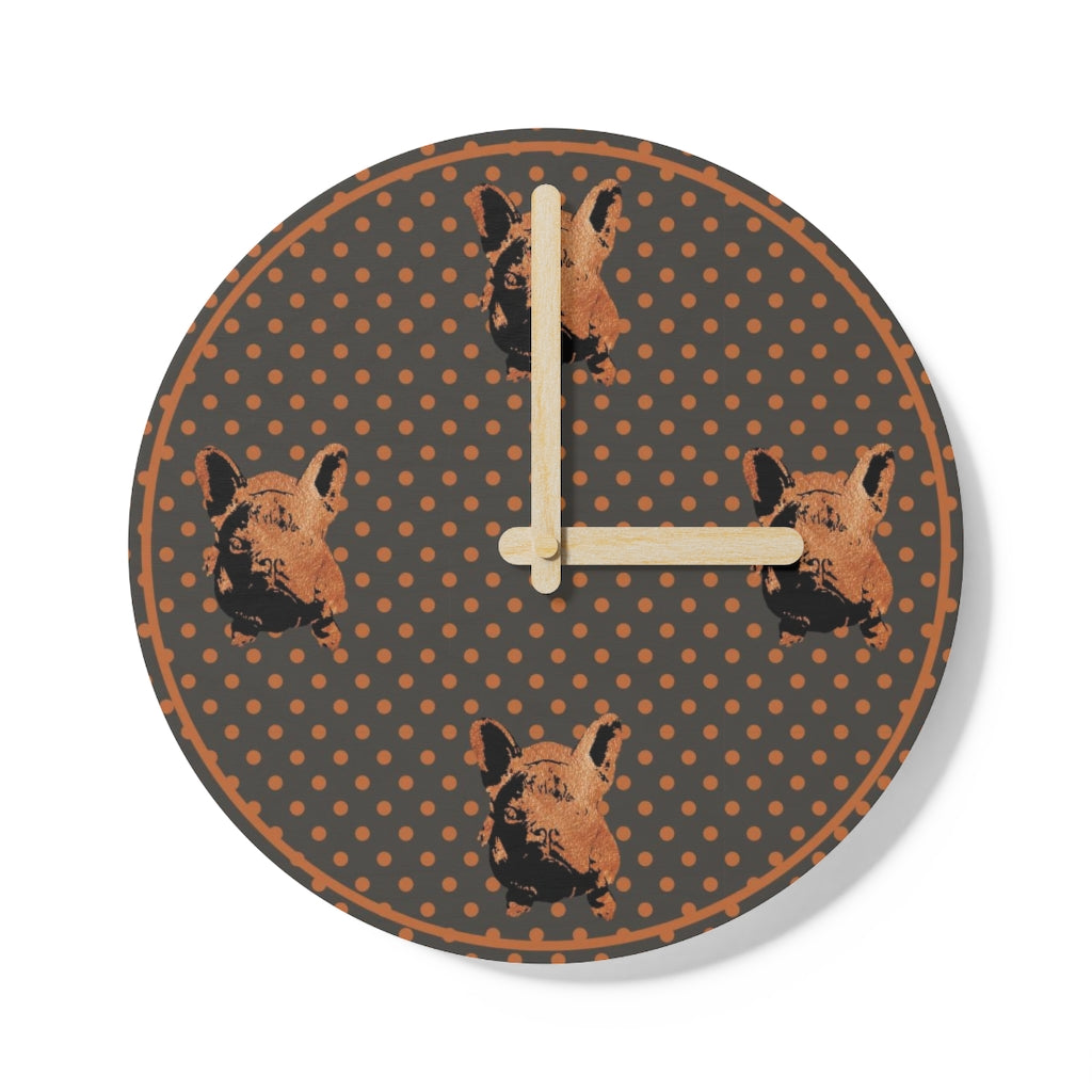 Frenchie Times 4 Round Wooden Wall Clock