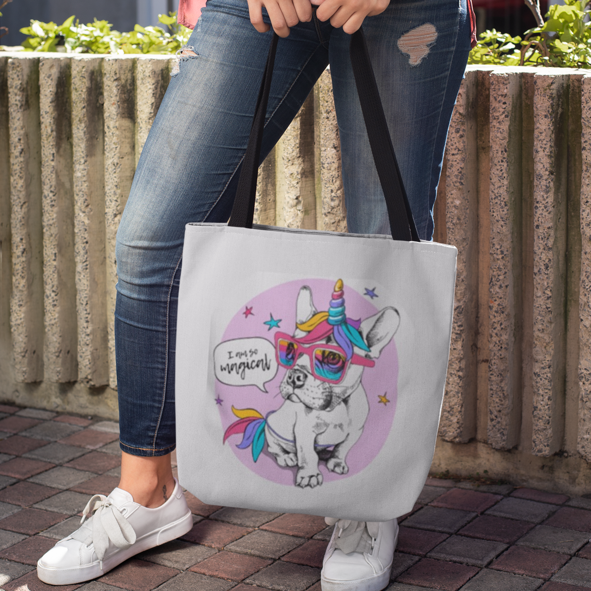 woman holding french bulldog unicorn totebag