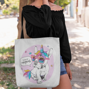 black woman holding french bulldog tote bag