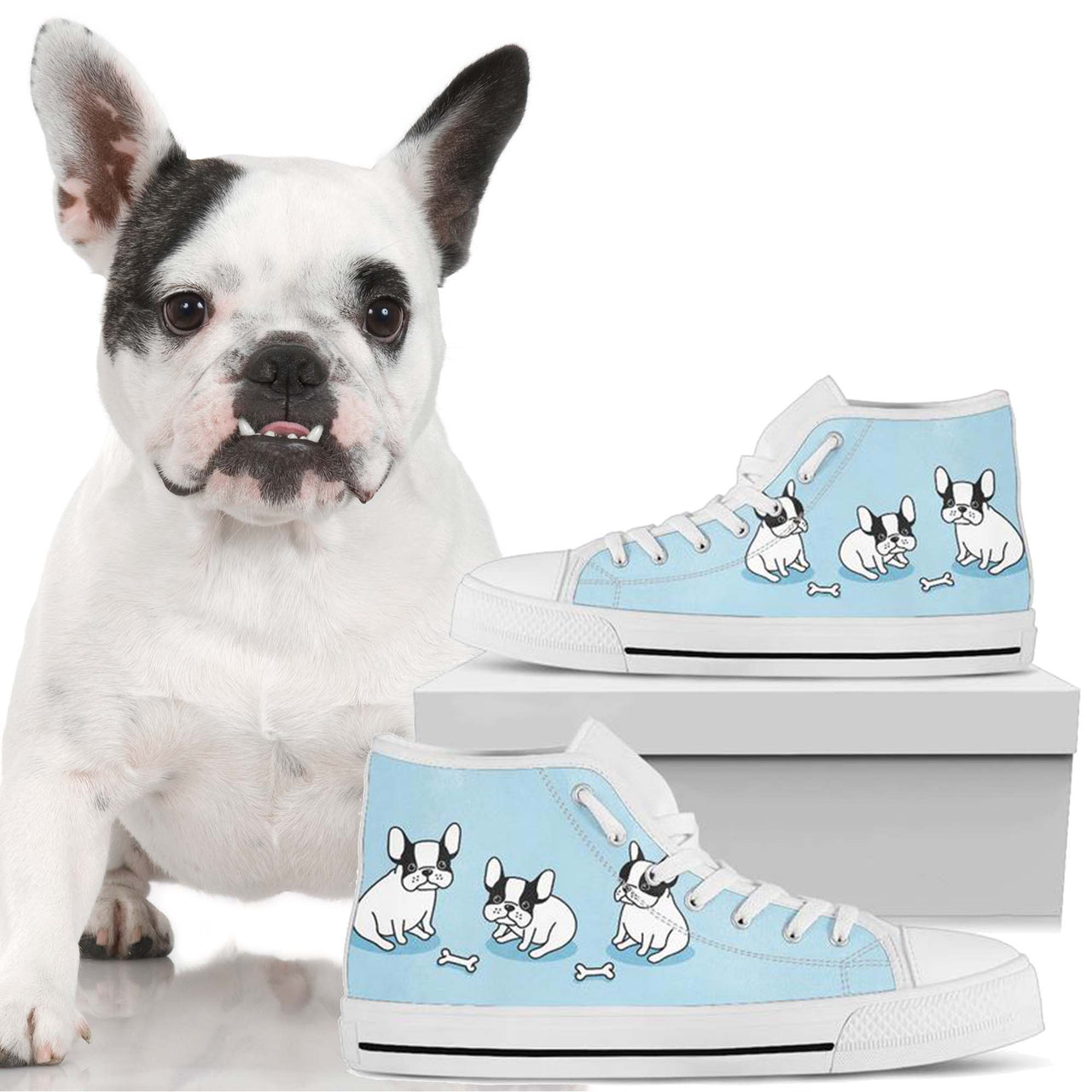 French Bulldog Puppies blue women's high top casual lace up shoes