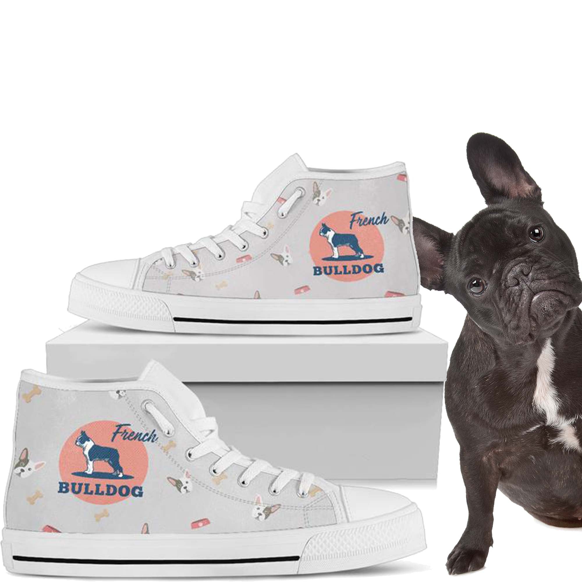 Teal French Bulldog Ogee Pattern Women’s high online top canvas shoes