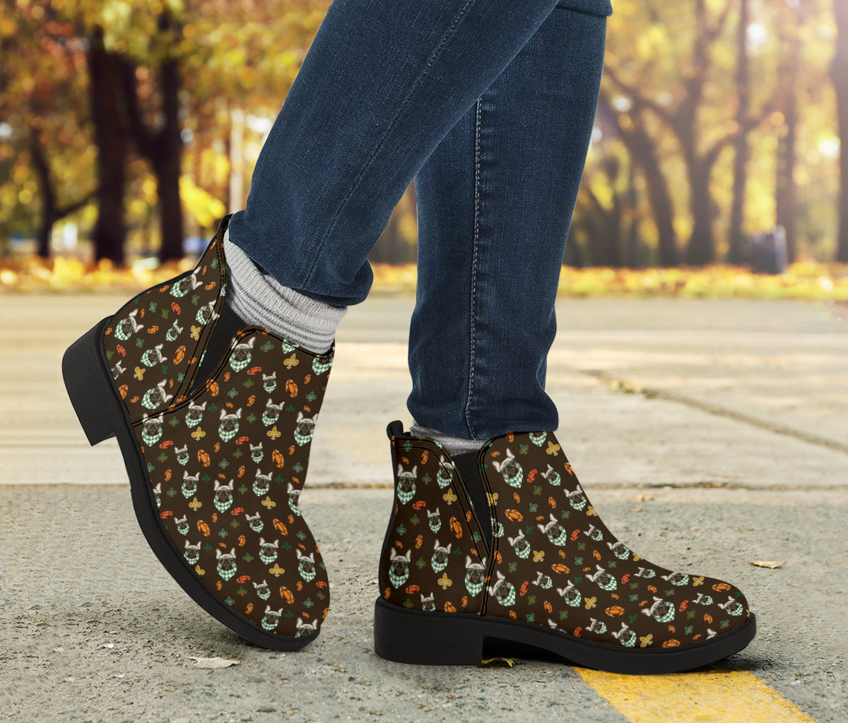 vegan suede boots with french bulldog art