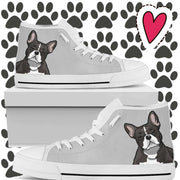 black-white french bulldog high top lace up shoes