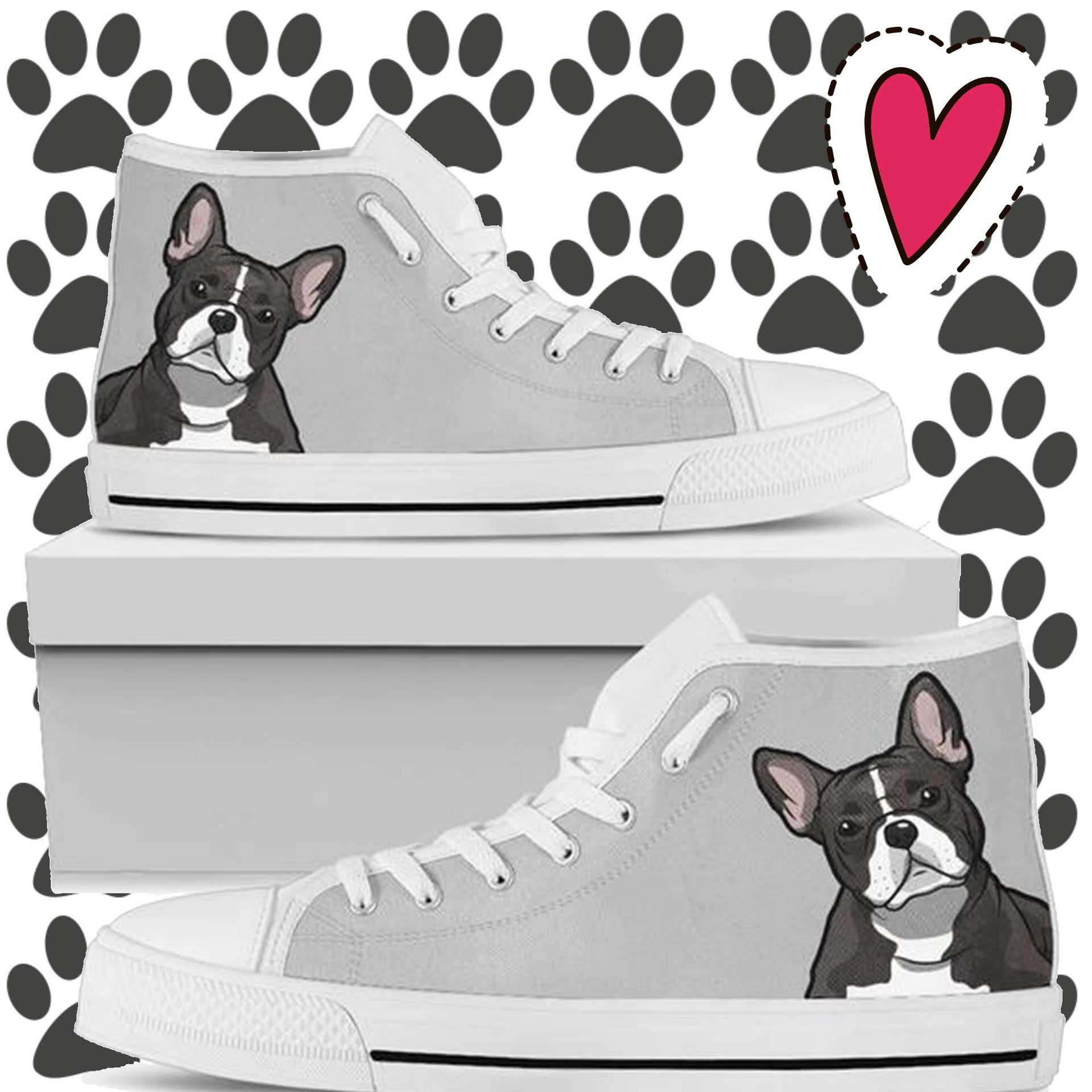 black-white french bulldog high top lace up shoes