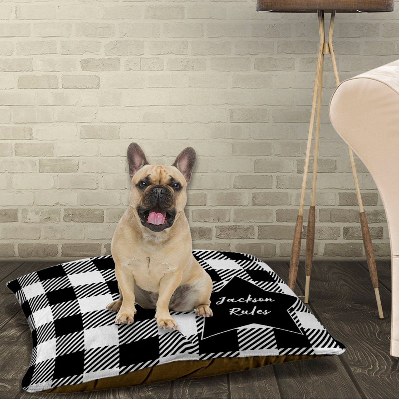 personalized dog bed black and white check and star