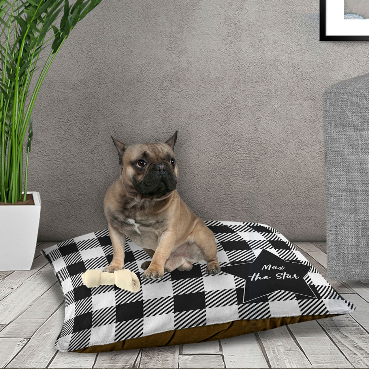 personalized dog bed black and white check and star